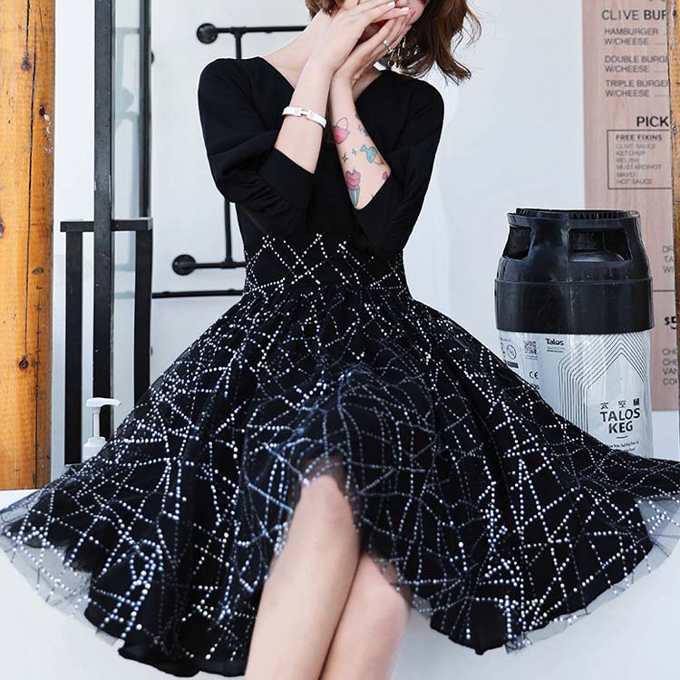 五分袖 チュール切り替え ショート丈 パーティードレス