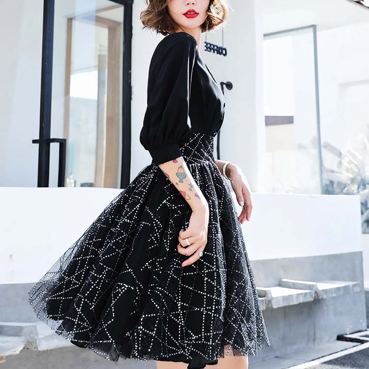 五分袖 チュール切り替え ショート丈 パーティードレス