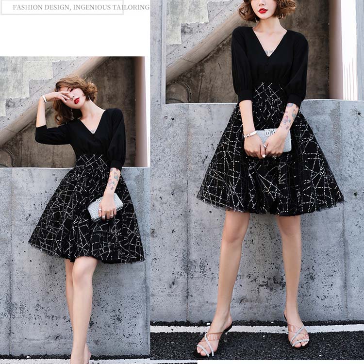 五分袖 チュール切り替え ショート丈 パーティードレス