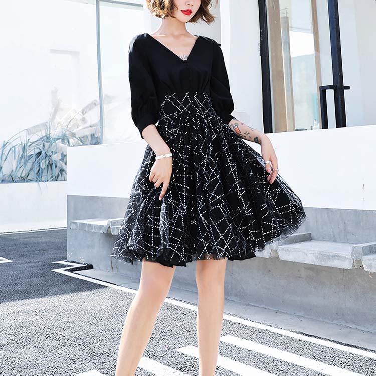 五分袖 チュール切り替え ショート丈 パーティードレス