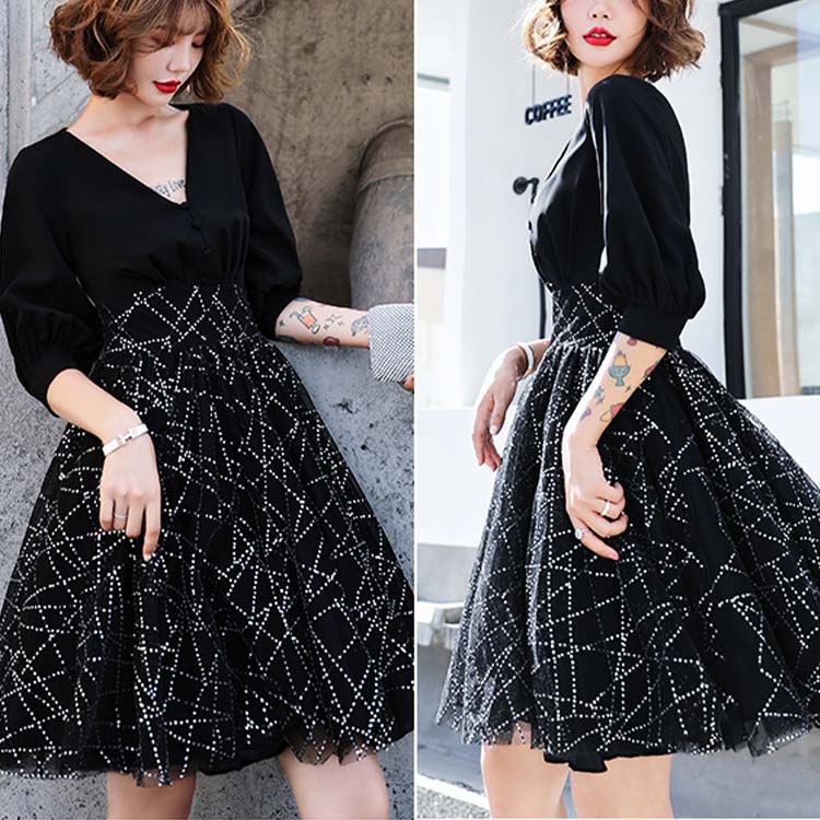 五分袖 チュール切り替え ショート丈 パーティードレス