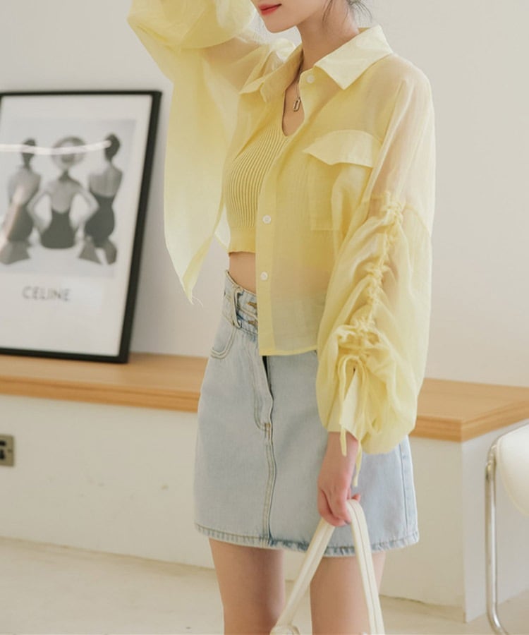 ふんわりボリューム袖 クロップド シアーブラウス