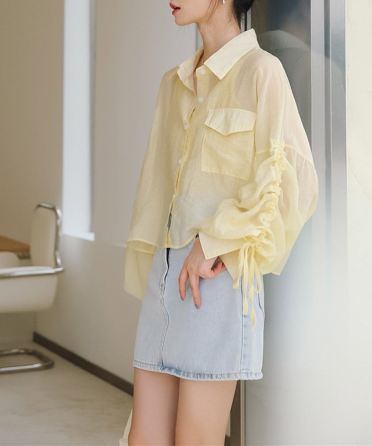 ふんわりボリューム袖 クロップド シアーブラウス