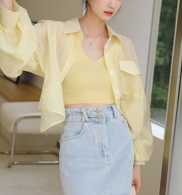 ふんわりボリューム袖 クロップド シアーブラウス
