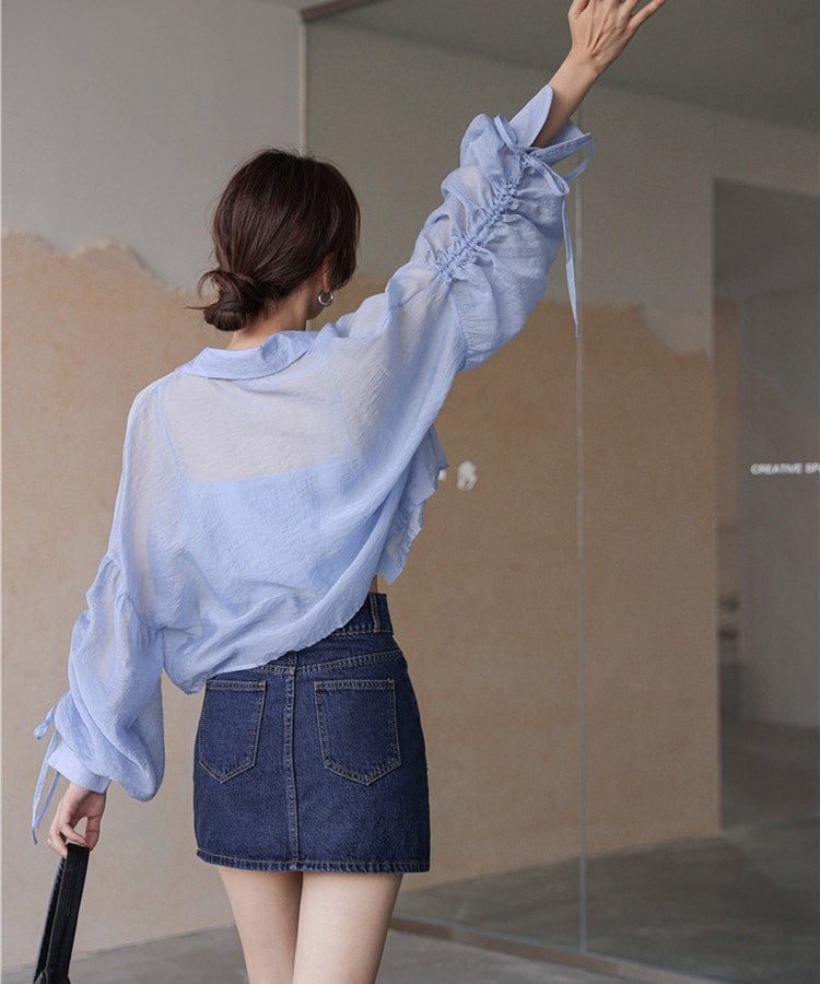 ふんわりボリューム袖 クロップド シアーブラウス