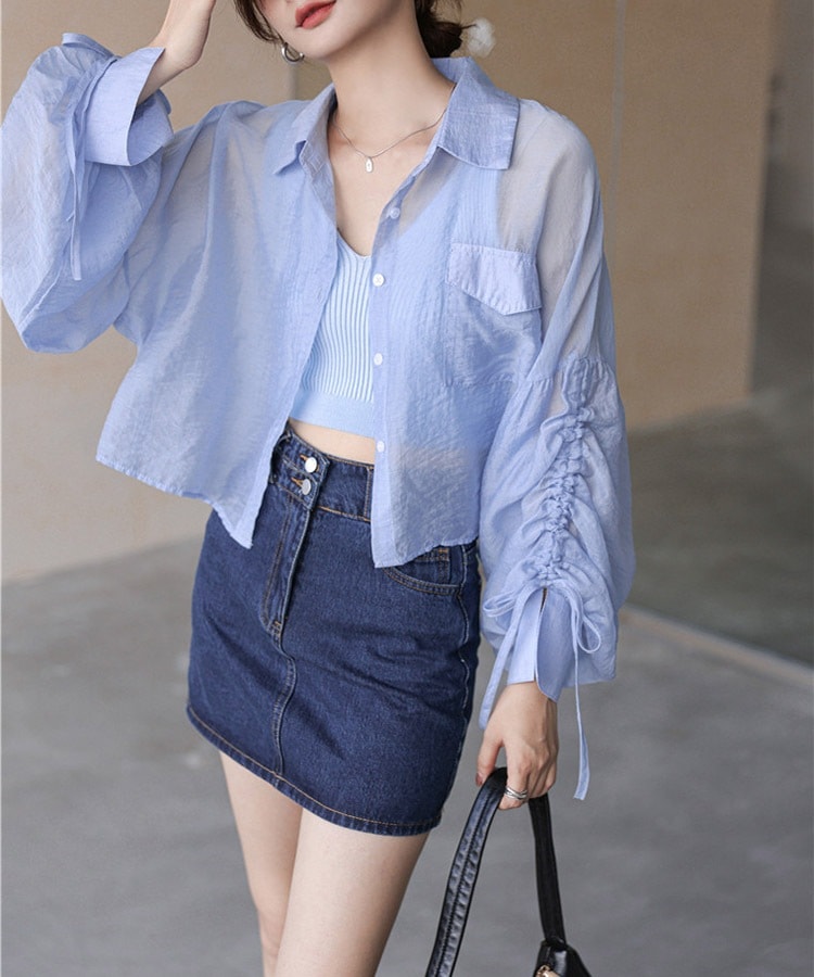 ふんわりボリューム袖 クロップド シアーブラウス