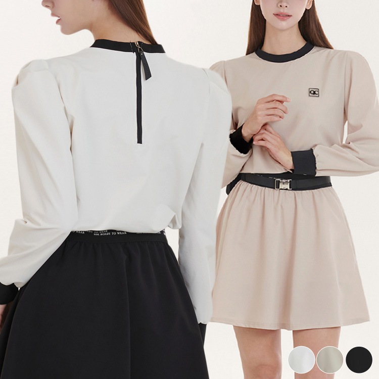 バイカラー 長袖 パフスリーブ トップス 韓国ゴルフウェア