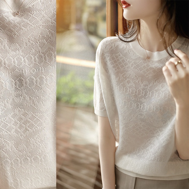 薄手 ジャガード織り 半袖 シアー Tシャツ