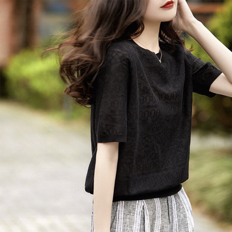 薄手 ジャガード織り 半袖 シアー Tシャツ