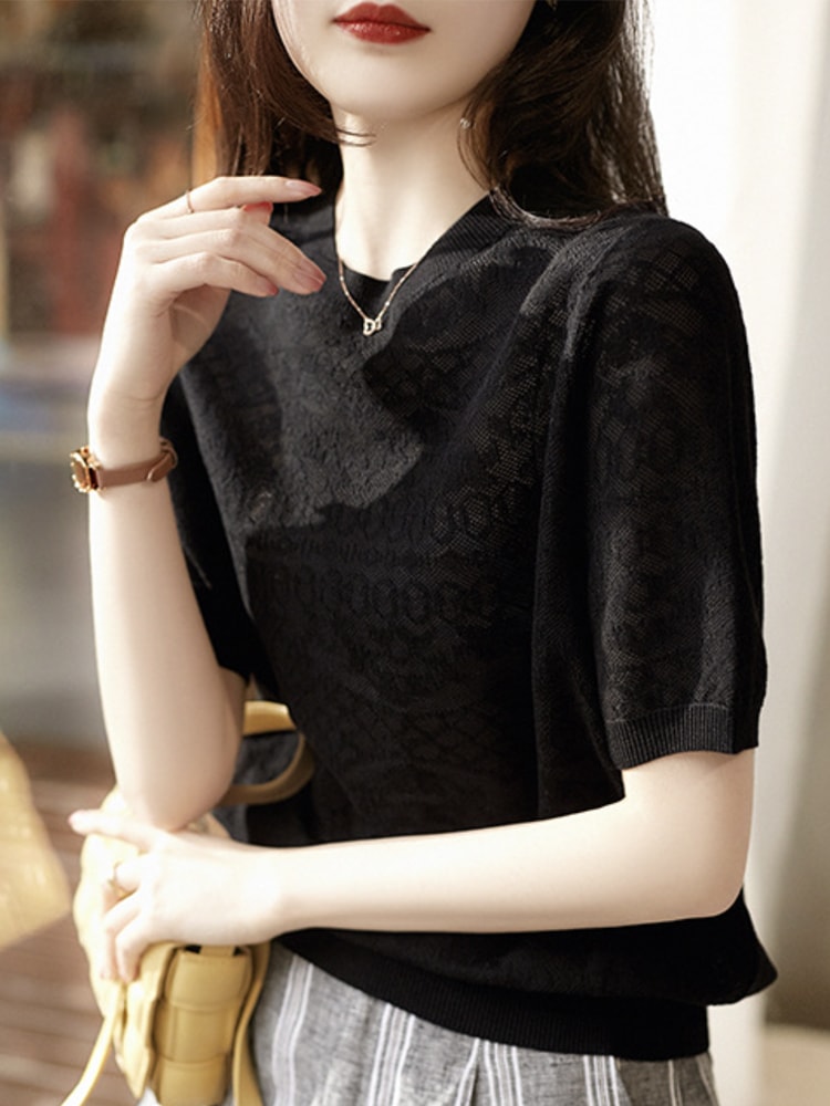 薄手 ジャガード織り 半袖 シアー Tシャツ