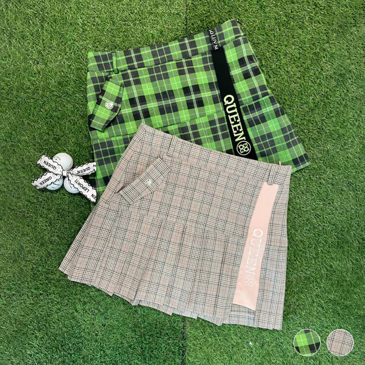 韓国ゴルフウェア ライン×ロゴ チェック柄 ミニスカート