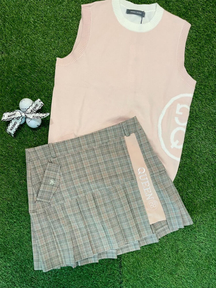 韓国ゴルフウェア ライン×ロゴ チェック柄 ミニスカート