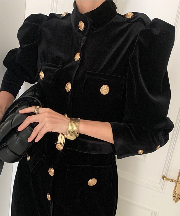 ベルト付き 長袖 ミモレ丈 ベルベット ワンピース

