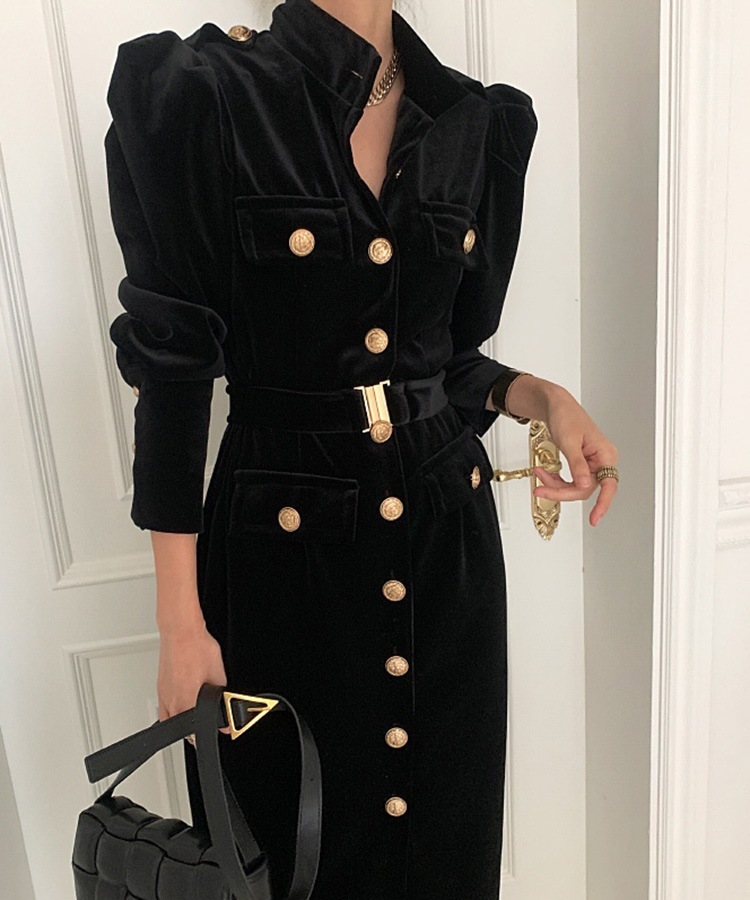 ベルト付き 長袖 ミモレ丈 ベルベット ワンピース

