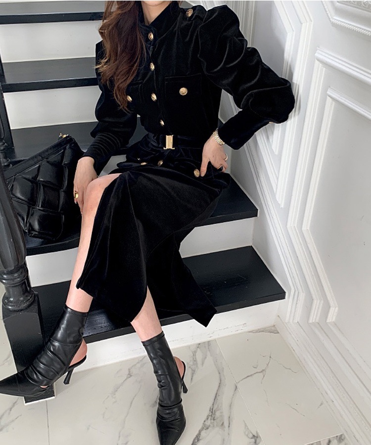 ベルト付き 長袖 ミモレ丈 ベルベット ワンピース

