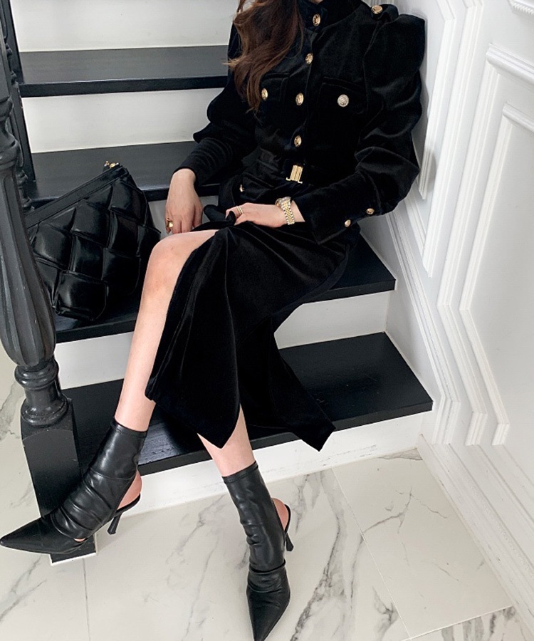 ベルト付き 長袖 ミモレ丈 ベルベット ワンピース

