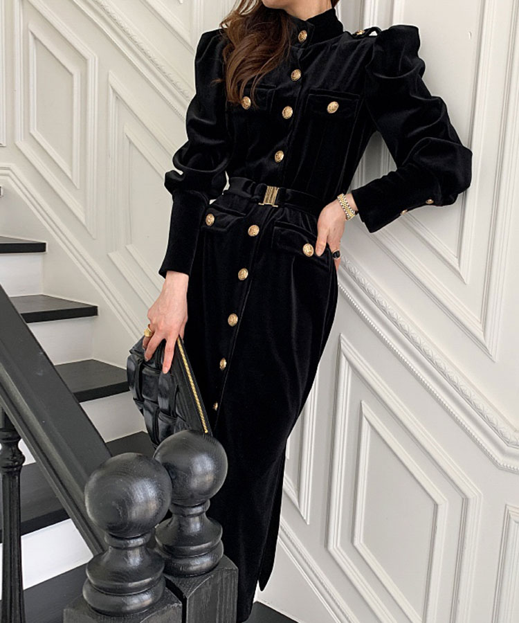 ベルト付き 長袖 ミモレ丈 ベルベット ワンピース

