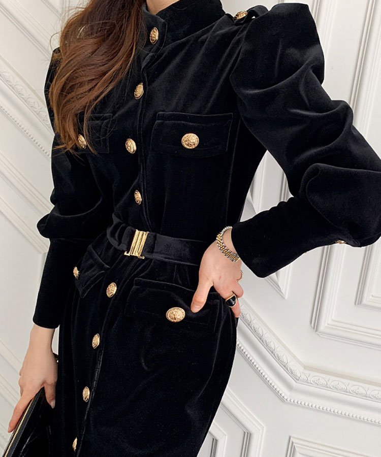 ベルト付き 長袖 ミモレ丈 ベルベット ワンピース

