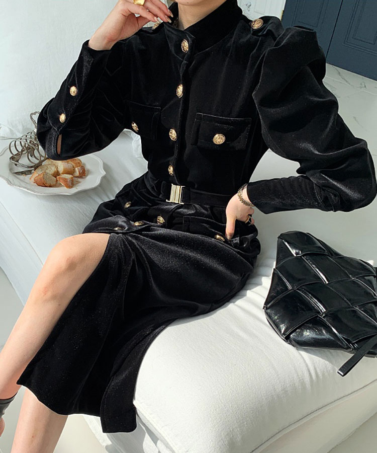 ベルト付き 長袖 ミモレ丈 ベルベット ワンピース

