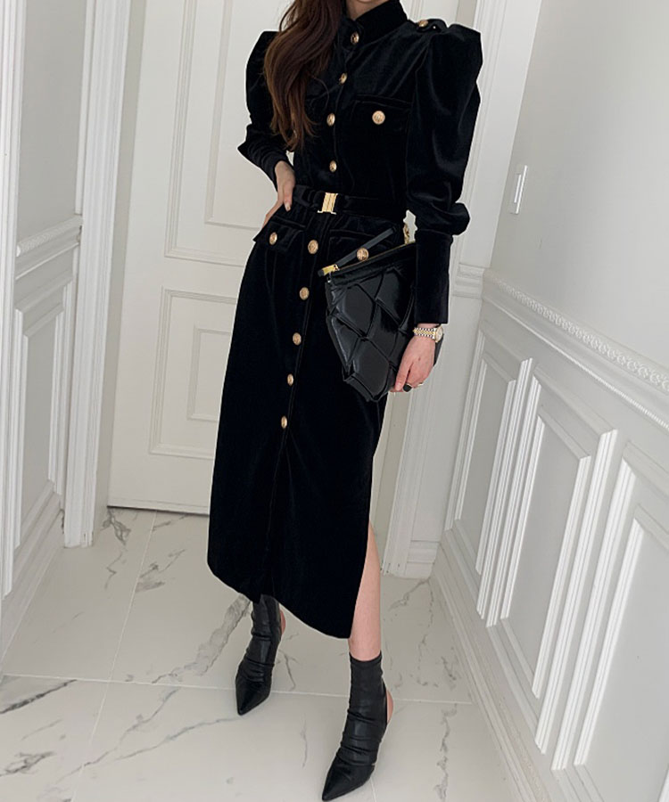 ベルト付き 長袖 ミモレ丈 ベルベット ワンピース

