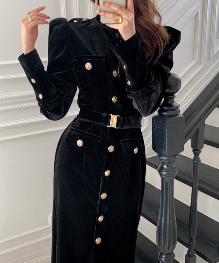 ベルト付き 長袖 ミモレ丈 ベルベット ワンピース

