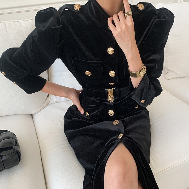 ベルト付き 長袖 ミモレ丈 ベルベット ワンピース

