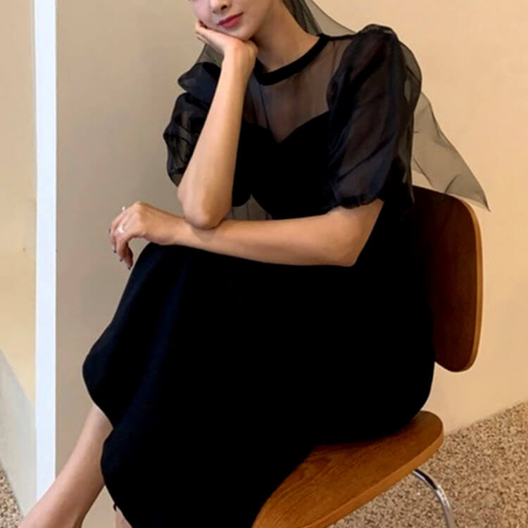 チュールパフスリーブ マーメイドライン ロングドレス