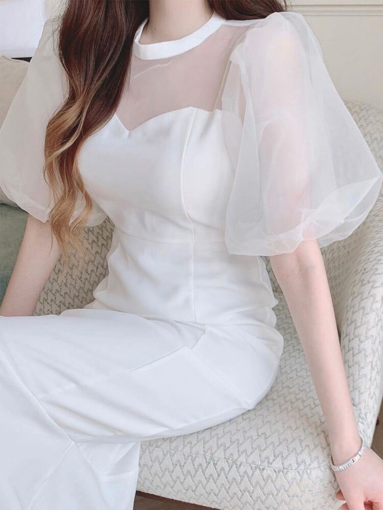 チュールパフスリーブ マーメイドライン ロングドレス