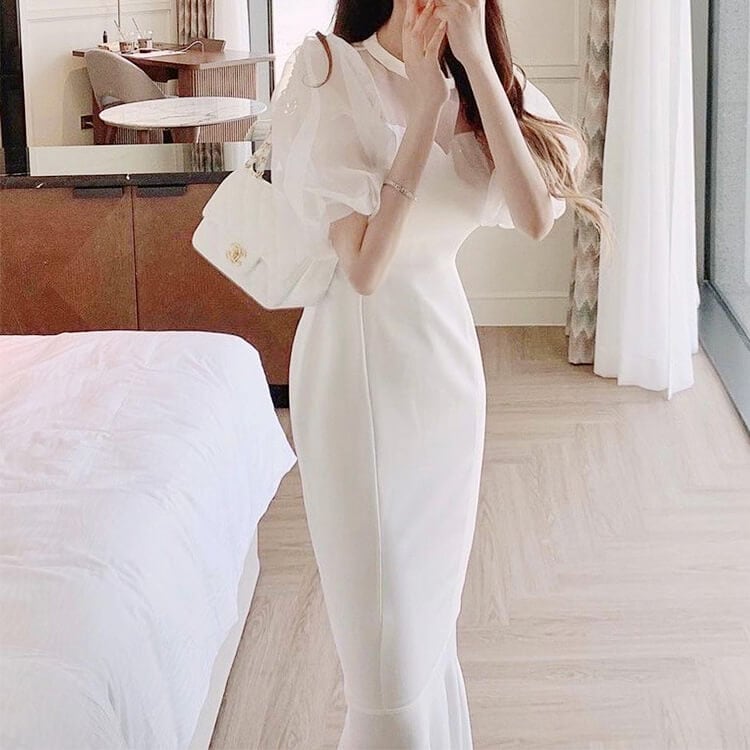 チュールパフスリーブ マーメイドライン ロングドレス