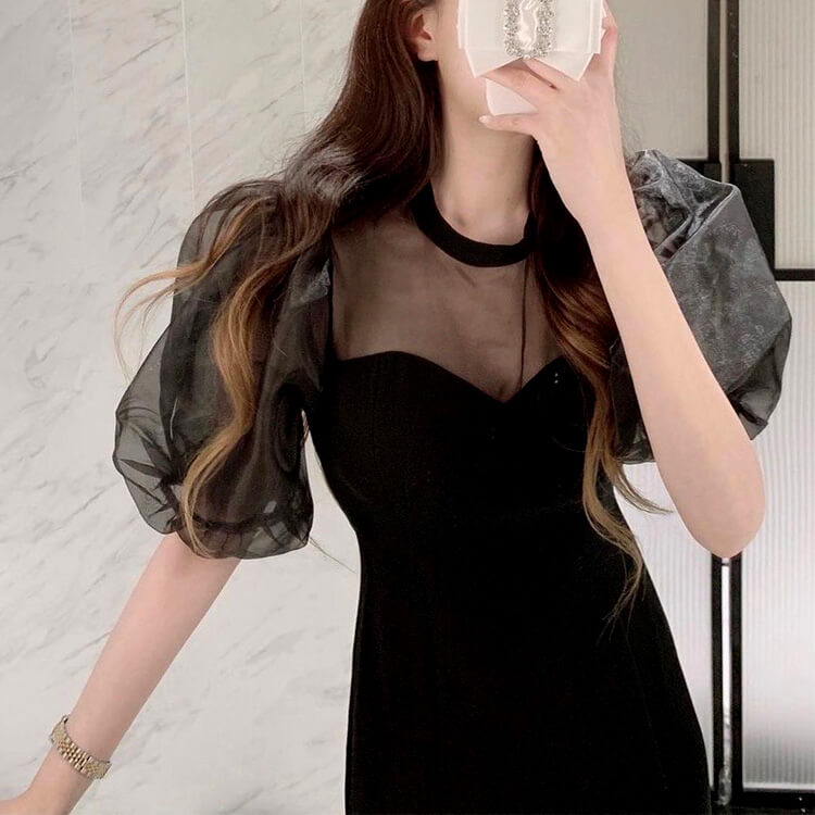 チュールパフスリーブ マーメイドライン ロングドレス