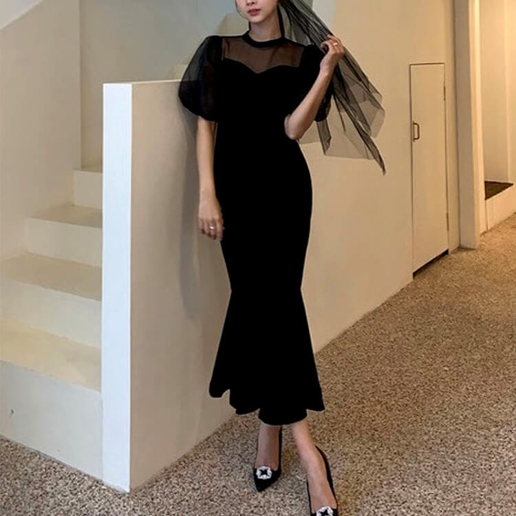 チュールパフスリーブ マーメイドライン ロングドレス