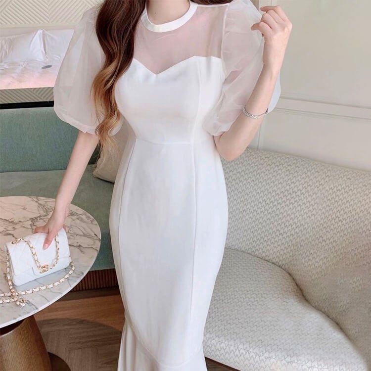 チュールパフスリーブ マーメイドライン ロングドレス