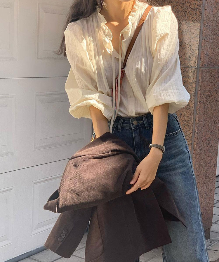 フリルネック フレンチカラー コットン ブラウス