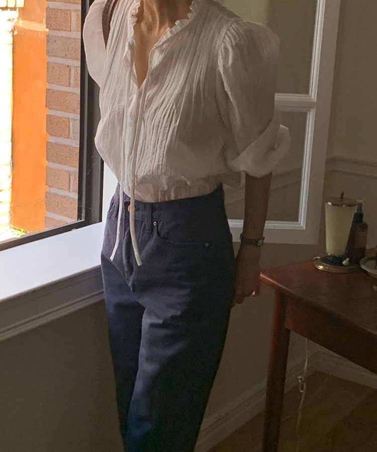 フリルネック フレンチカラー コットン ブラウス