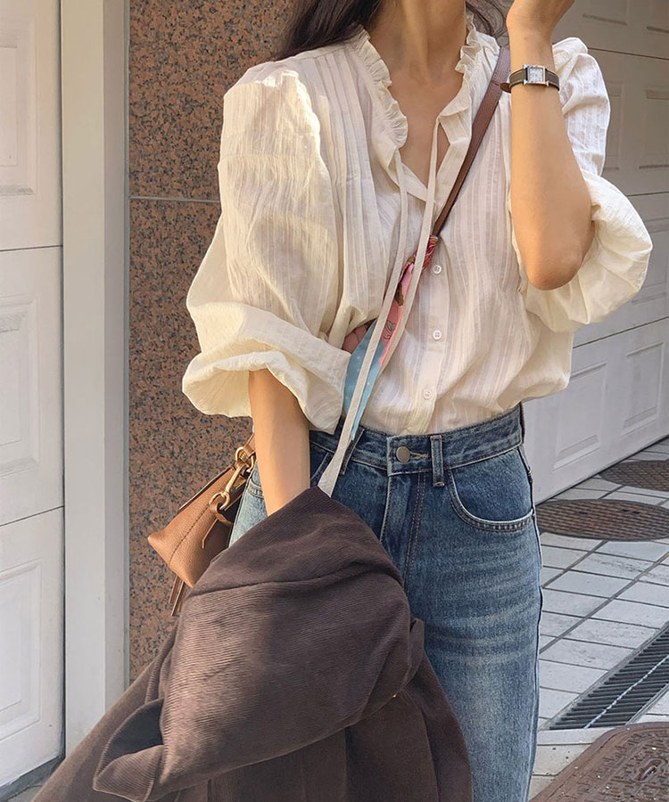 フリルネック フレンチカラー コットン ブラウス