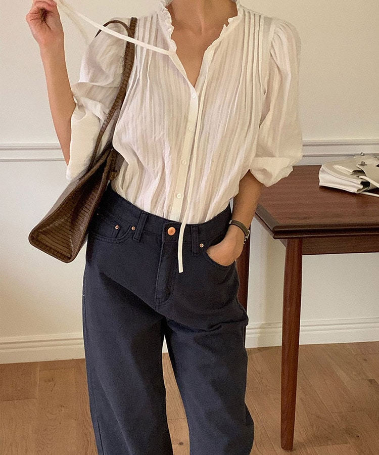 フリルネック フレンチカラー コットン ブラウス