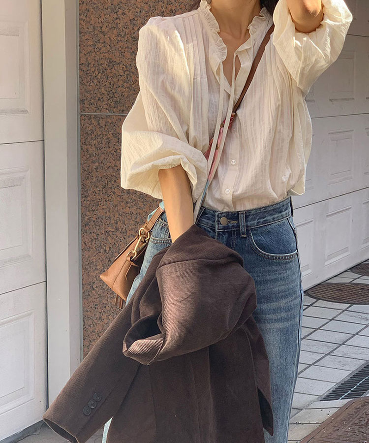 フリルネック フレンチカラー コットン ブラウス