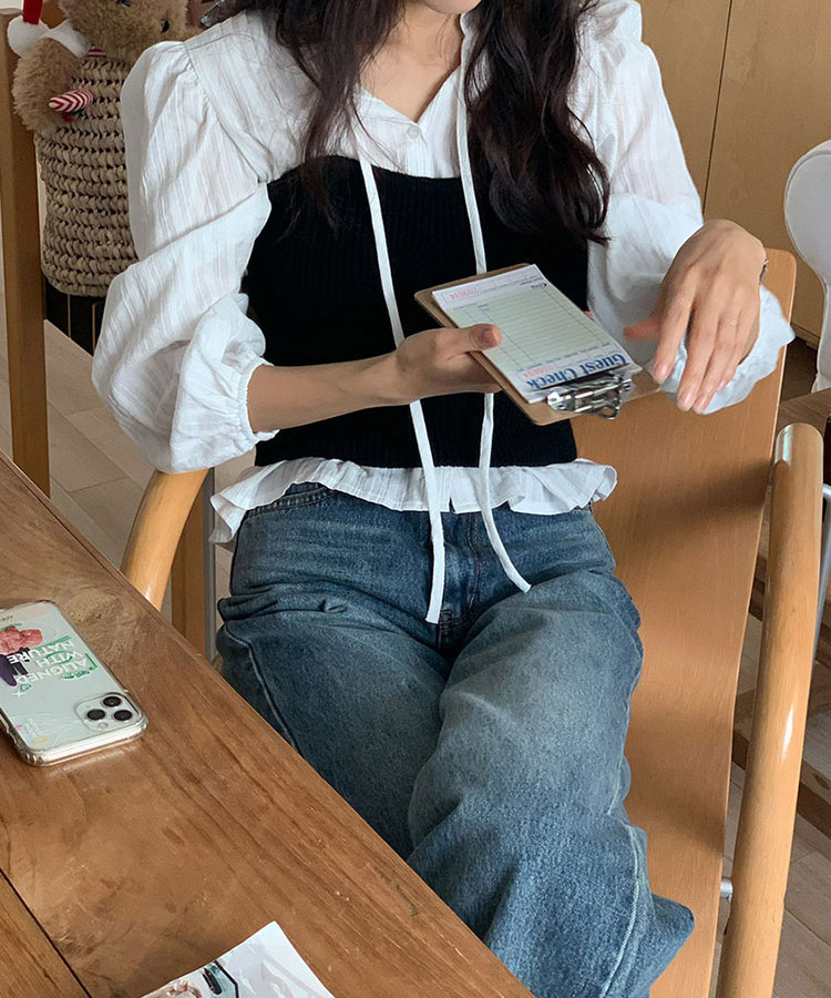 フリルネック フレンチカラー コットン ブラウス