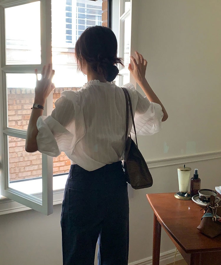 フリルネック フレンチカラー コットン ブラウス