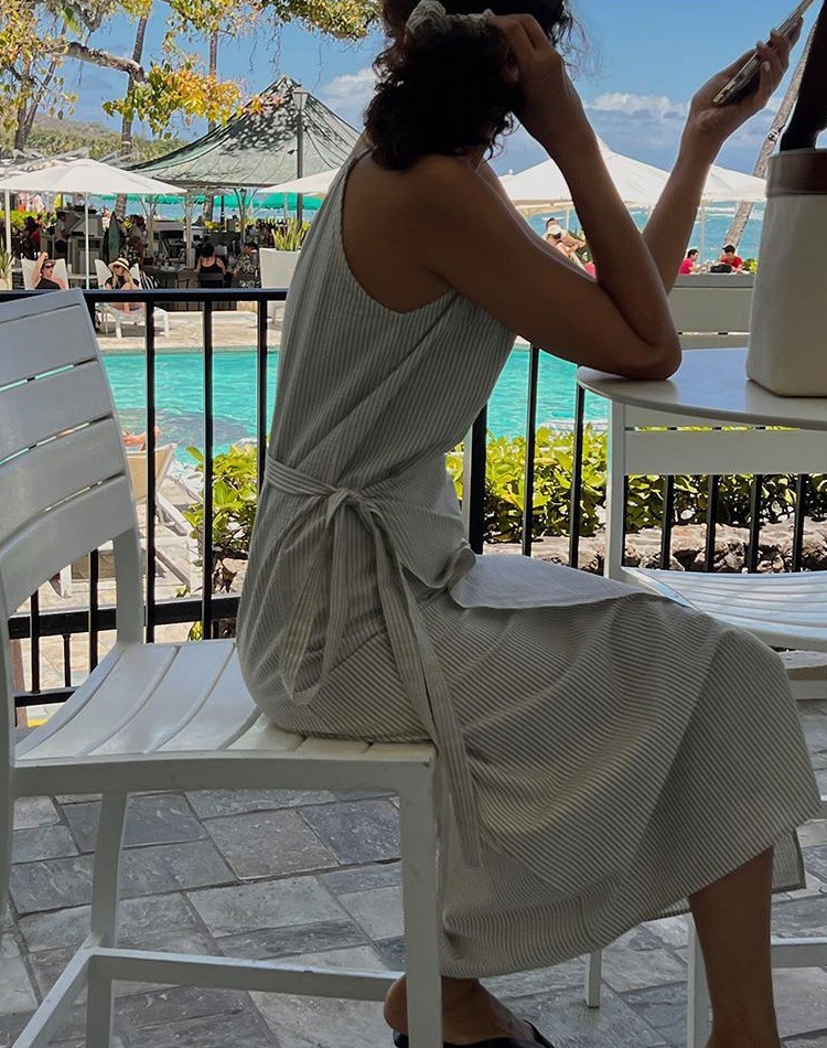 ストライプ柄 ミモレ丈 ラップ キャミソールワンピース

