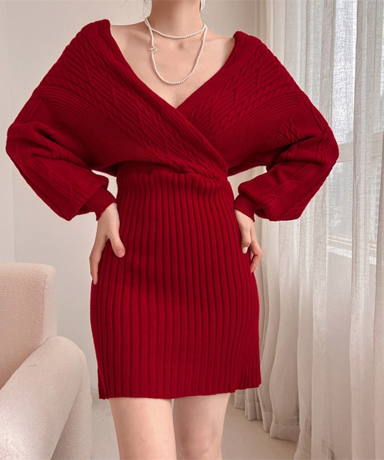 クロスネック 切り替え ケーブル編み ニット ミニワンピース

