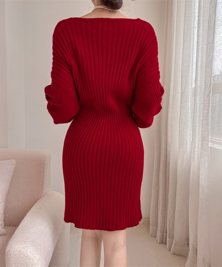 クロスネック 切り替え ケーブル編み ニット ミニワンピース

