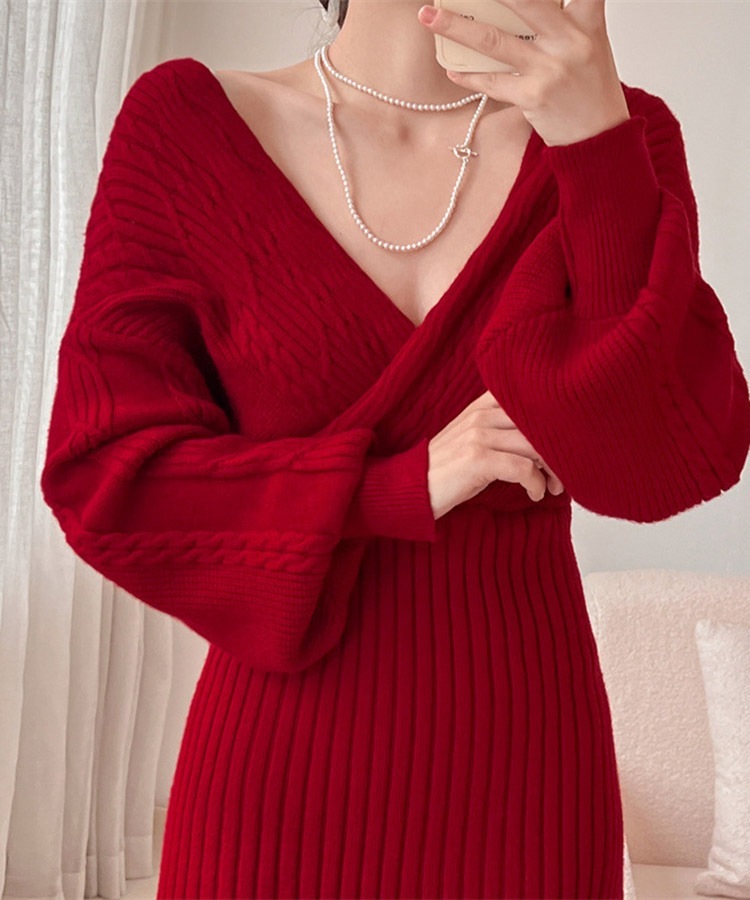 クロスネック 切り替え ケーブル編み ニット ミニワンピース

