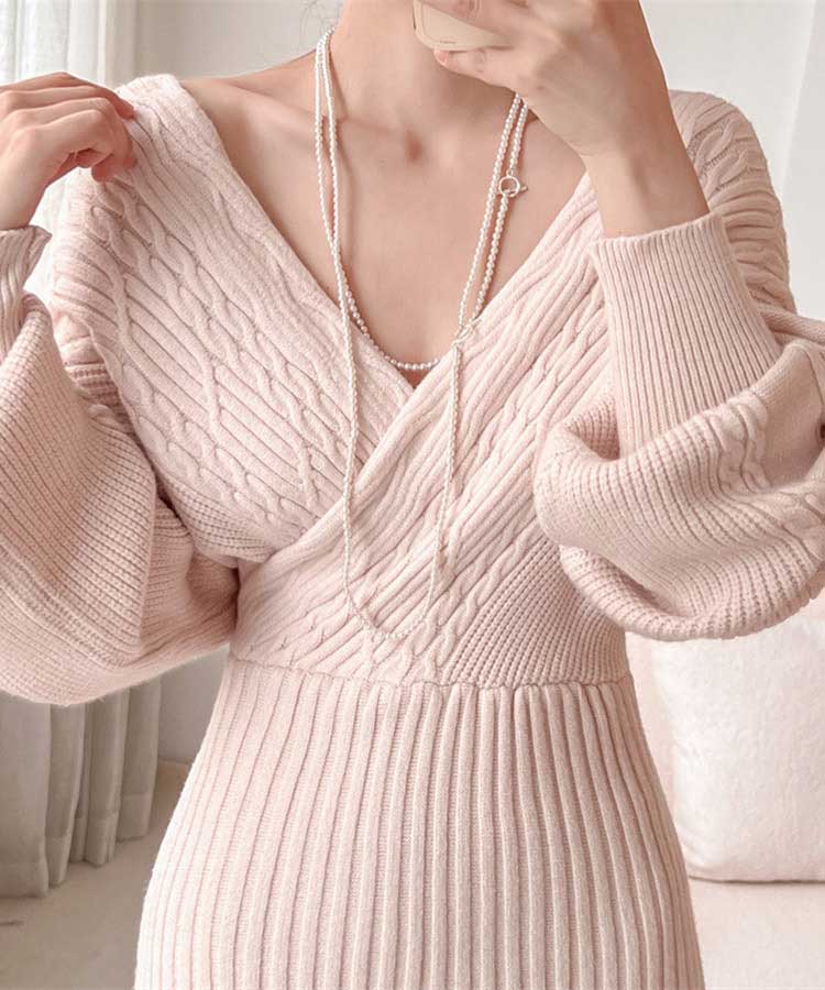 クロスネック 切り替え ケーブル編み ニット ミニワンピース

