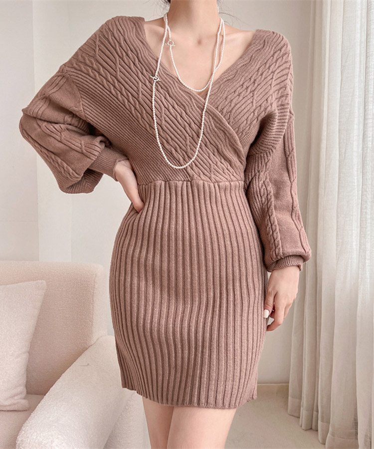 クロスネック 切り替え ケーブル編み ニット ミニワンピース

