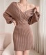 クロスネック 切り替え ケーブル編み ニット ミニワンピース

