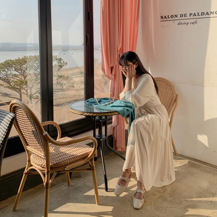 バックボタン アシンメトリー ロングワンピース