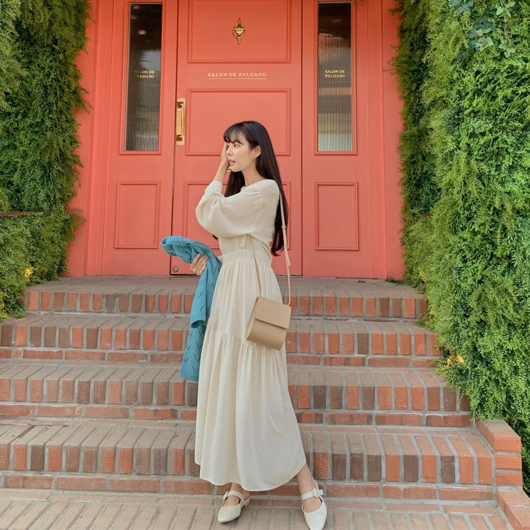 バックボタン アシンメトリー ロングワンピース