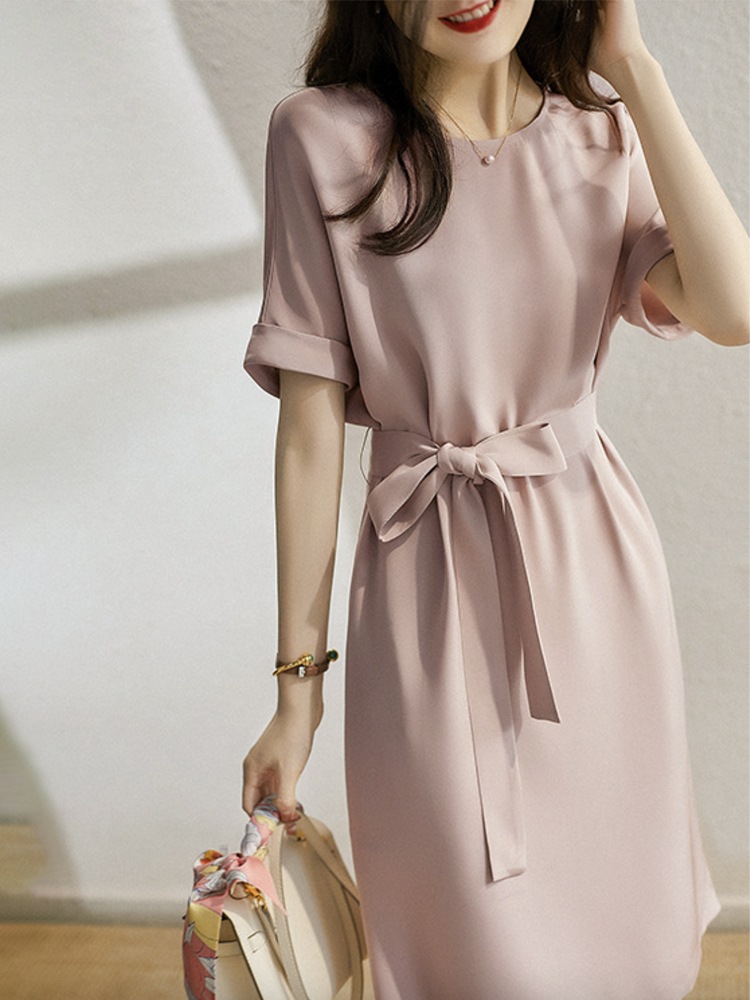 シルク調 てろんと感 リボン 半袖 ワンピース