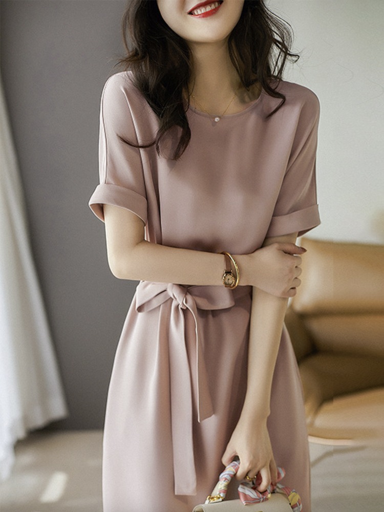 シルク調 てろんと感 リボン 半袖 ワンピース